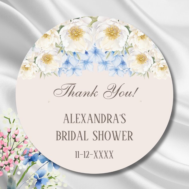 Blue white Floral Garden Bridal Shower Thank You Classic Round Sticker (Creator Uploaded)