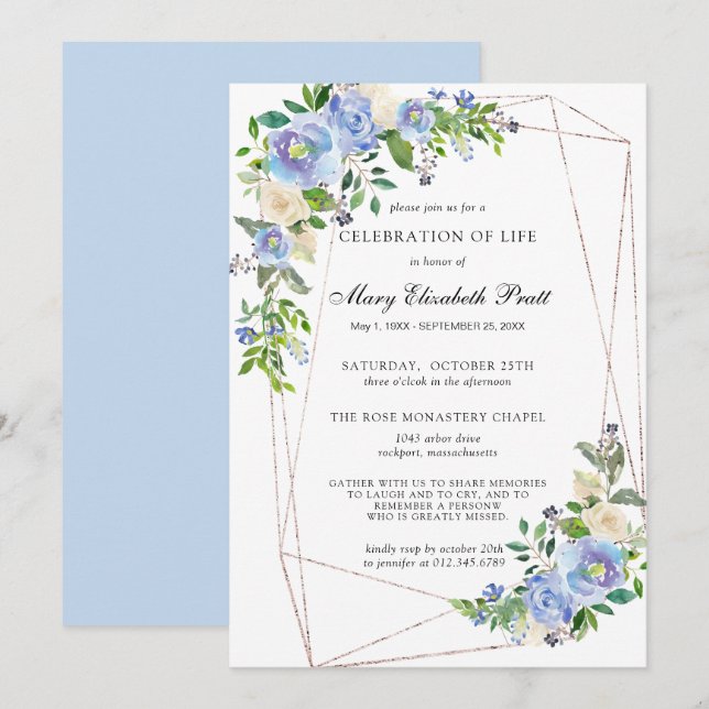 Blue White Floral Geometric Celebration of Life Invitation (Front/Back)