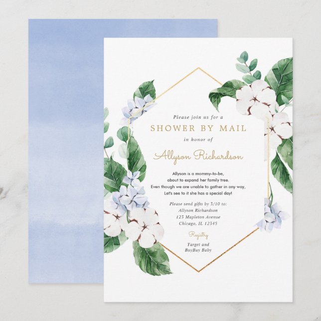 Blue white floral gold Shower by Mail Spring baby Invitation (Front/Back)