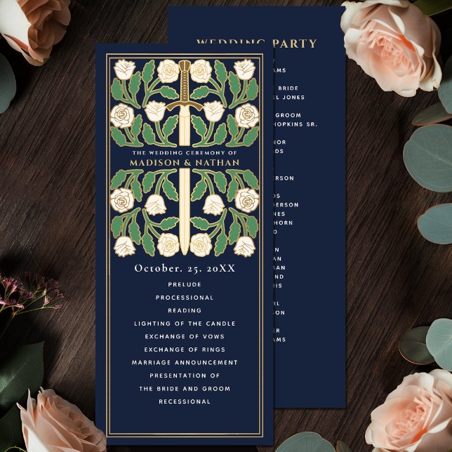 Blue White Floral Gold Sword Royal Wedding Programme (Creator Uploaded)
