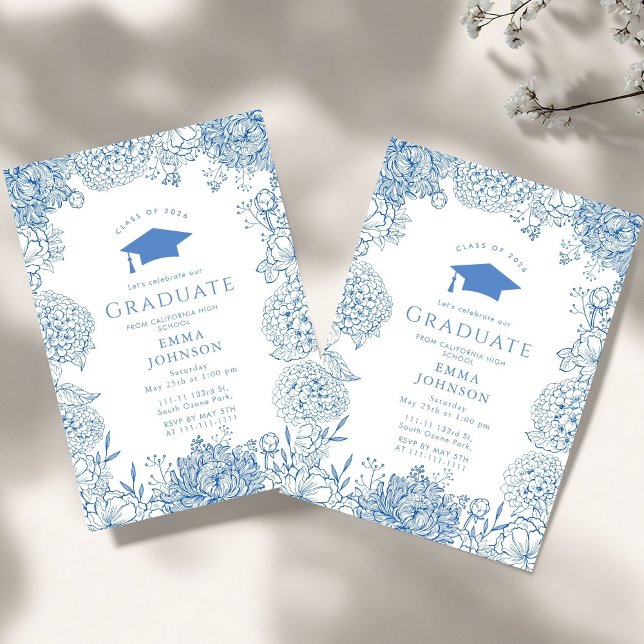 Blue White Floral Graduation Party Invitation (Creator Uploaded)