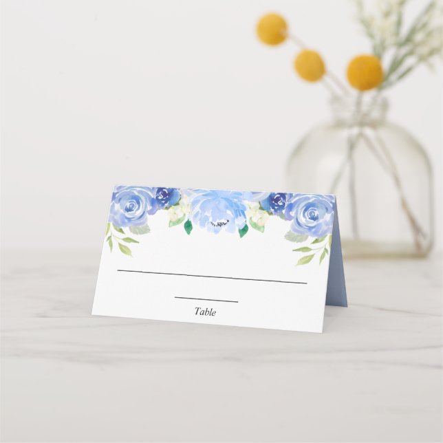 Blue white floral greenery elegant place card (Front)