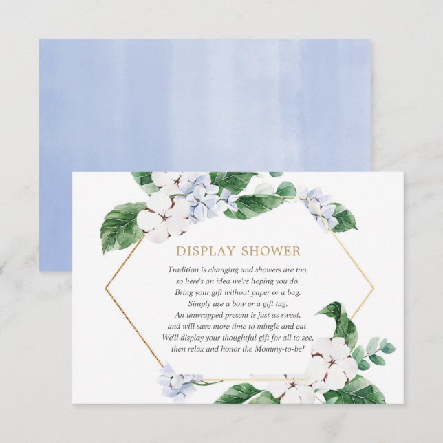 Blue white floral greenery gold boy display shower enclosure card (Front/Back)