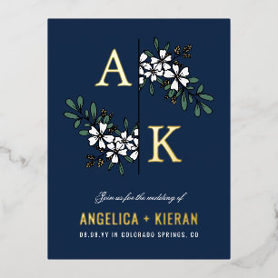 Blue White Floral Greenery Monogram Wedding Foil Invitation Postcard