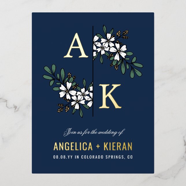 Blue White Floral Greenery Monogram Wedding Foil Invitation Postcard (Front)