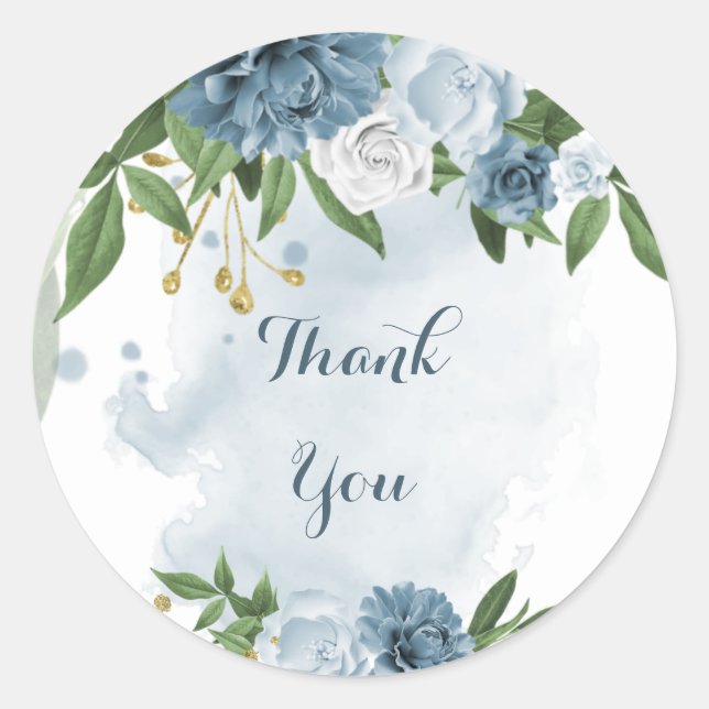 blue white floral greenery thank you classic round sticker (Front)