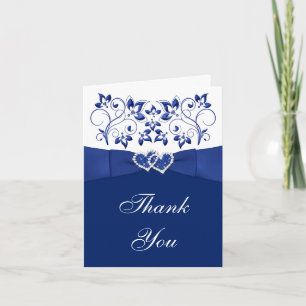 Blue, White Floral, Hearts Wedding Thank You Card