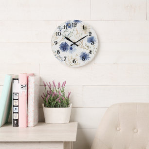 Blue White Floral Large Clock