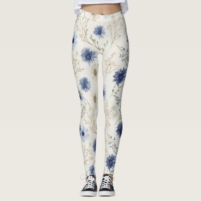 Blue White Floral  Leggings (Front)