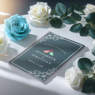 Blue & White Floral Love Birds Wedding Guestbook Notebook