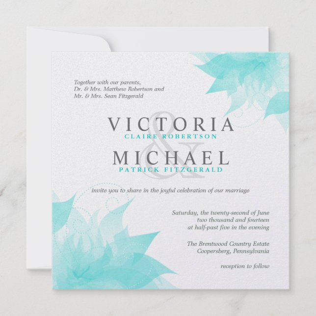 Blue White Floral Metallic Ice Wedding Invitations (Front)