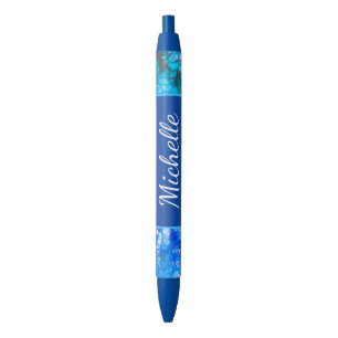 Blue White Floral Modern Flowers Personalise Black Ink Pen
