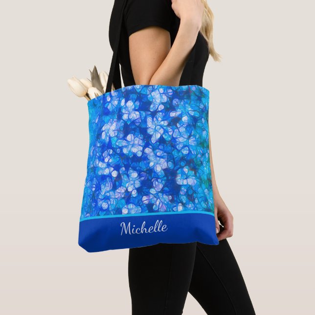 Blue White Floral Modern Flowers Personalise Tote Bag (Close Up)
