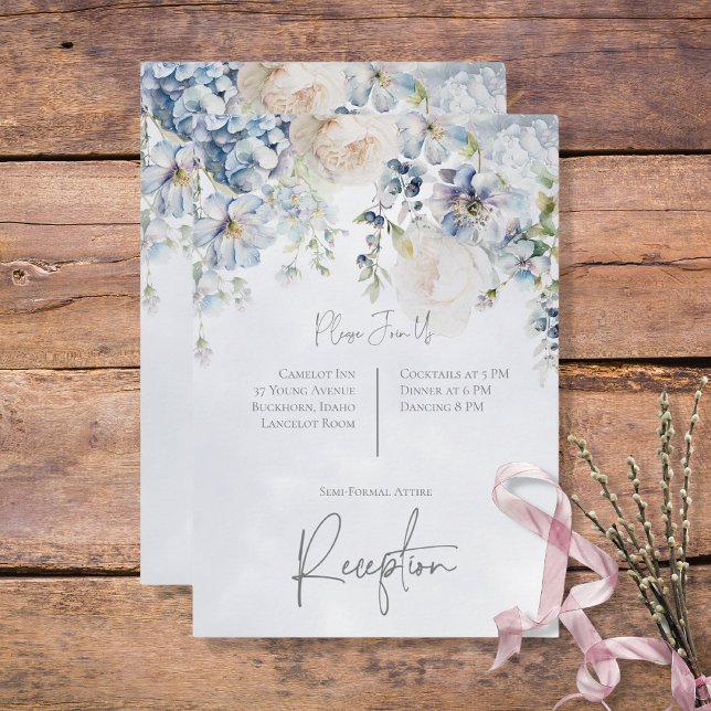Blue & White Floral Modern Reception RSVP Card (Creator Uploaded)