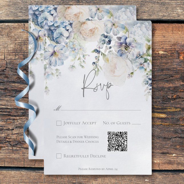 Blue & White Floral Modern Wedding QR Code RSVP Card (Blue & White Floral Modern Wedding QR Code RSVP Card)