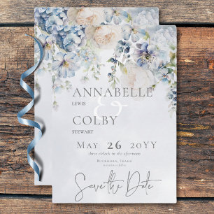 Blue & White Floral Modern Wedding Save The Date