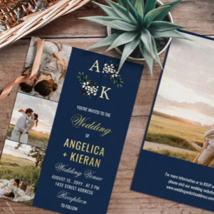 Blue White Floral Monogram Photos Wedding Gold Foi