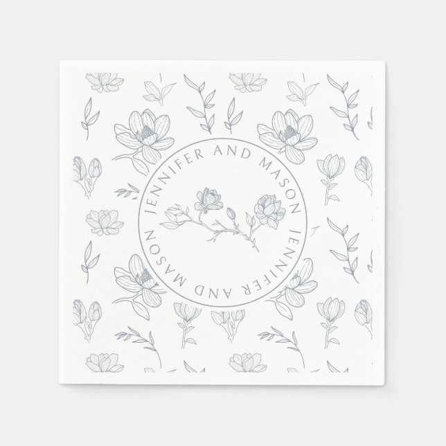 Blue white floral monogram wedding paper napkins (Front)