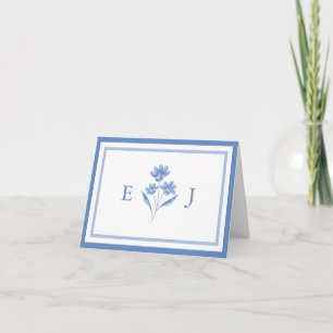 Blue & White Floral Monogram Wedding Thank You Card