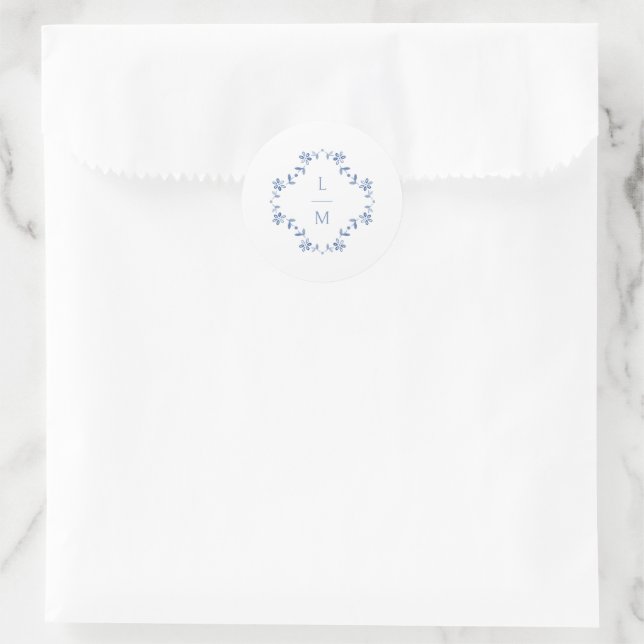 Blue & White Floral Monogrammed Wedding  Classic Round Sticker (Bag)