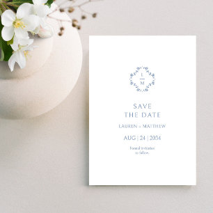 Blue & White Floral Monogrammed Wedding Flat  Save The Date