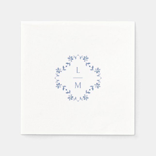 Blue & White Floral Monogrammed Wedding  Napkin (Front)