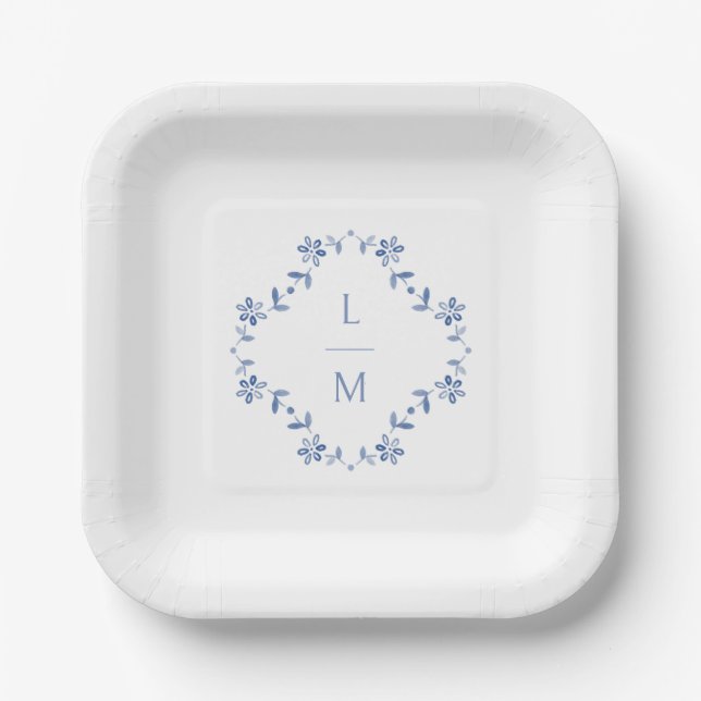 Blue & White Floral Monogrammed Wedding  Paper Plate (Front)