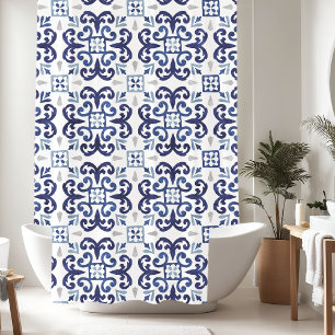 Blue & White Floral Moroccan Tile Pattern Shower Curtain