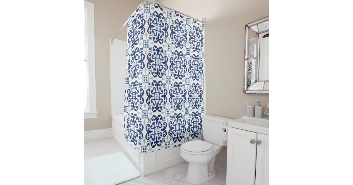Blue & White Floral Moroccan Tile Pattern Shower Curtain Zazzle