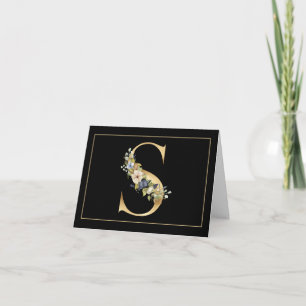 BLUE & WHITE FLORAL ON GOLD MONOGRAM S NOTE CARD