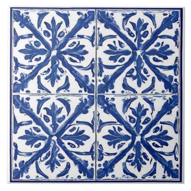 Blue white floral painted Mediterranean vacation Tile (Front)