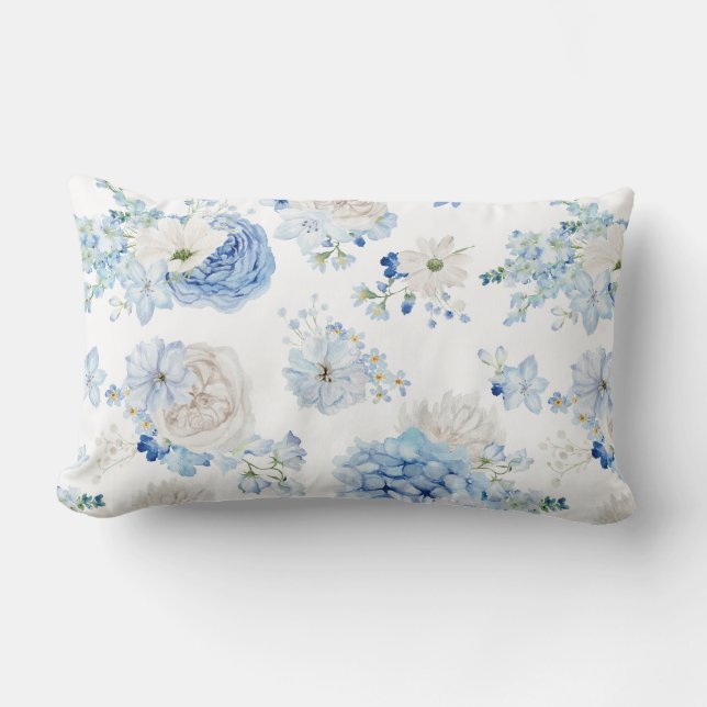 Blue White Floral Pattern  Lumbar Cushion (Front)