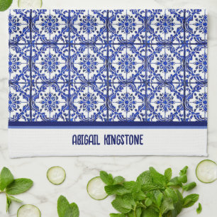 Blue white floral pattern Mediterranean inspired  Tea Towel