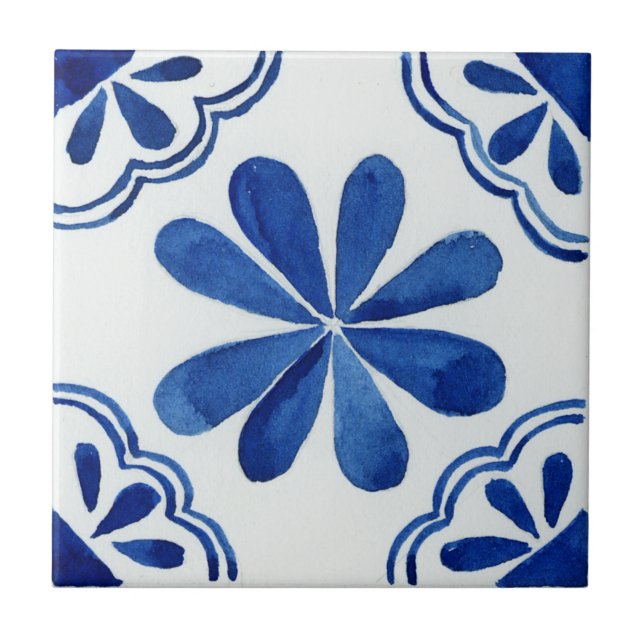Blue & White Floral Pattern Mediterranean Tile (Front)