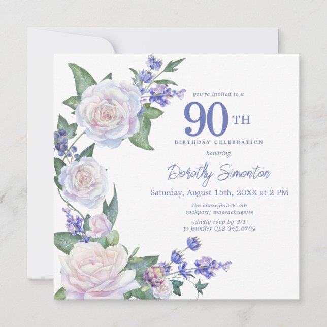 Blue White Floral Photo 90th Birthday Square Invitation (Front)