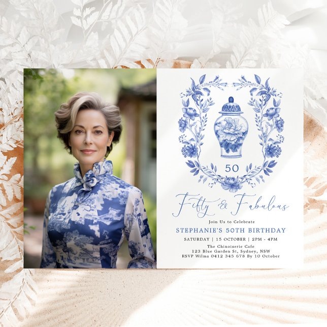 Blue White Floral Porcelain 50th Birthday Photo Invitation (Creator Uploaded)