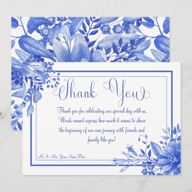 Blue & White Floral Porcelain Wedding Thank You Card (Front/Back)