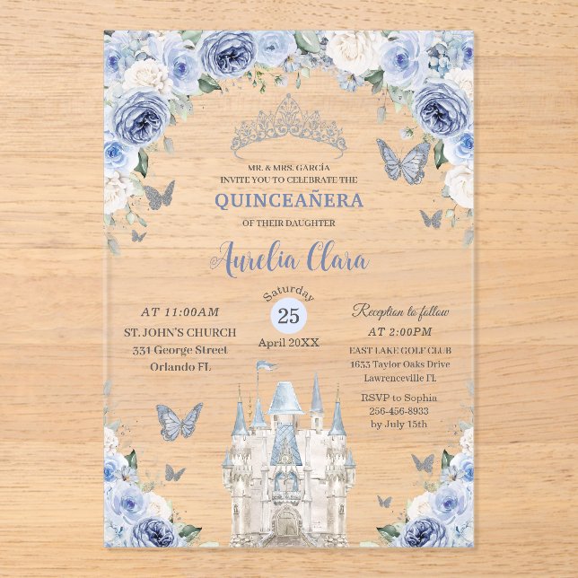 Blue White Floral Princess Castle Quinceañera XV  Acrylic Invitations (Front)