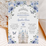 Blue White Floral Princess Castle Quinceañera XV  Invitation<br><div class="desc">Personalise this lovely quinceañera invitation with your own wording easily and quickly. Click the Edit Using Design Tools button to further edit the text, wording, font style, font size, font colour, add more text, move or remove some images. The butterflies, castle and crown are moveable, resizable, multipliable and removable. Matching...</div>