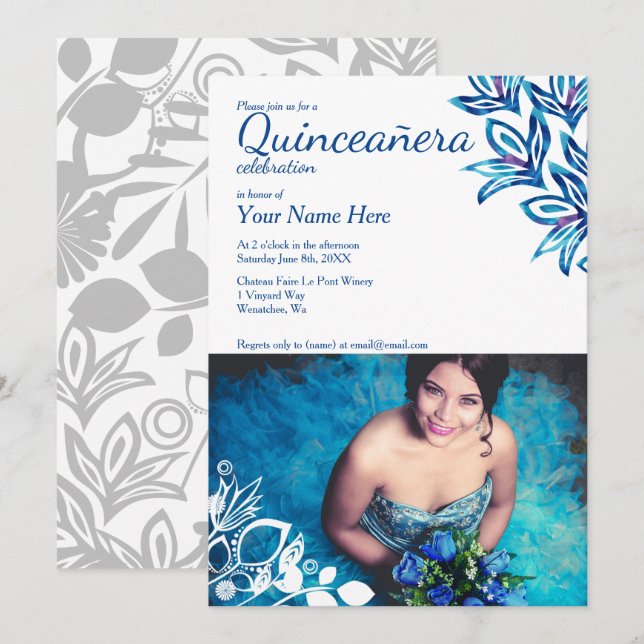 Blue & White Floral Quinceañera Photo Invitation (Front/Back)