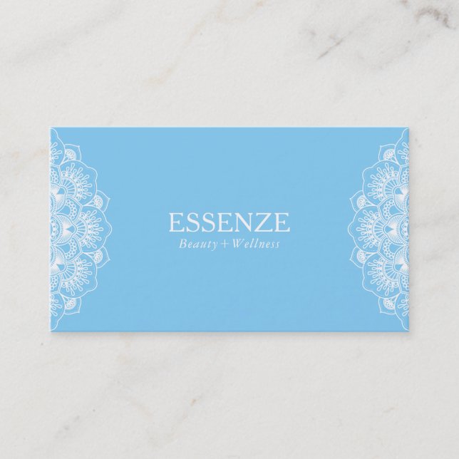 Blue & white floral reversible mandala business card (Front)