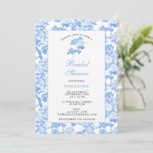 Blue White Floral Roses Chinoiserie Bridal Shower Invitation