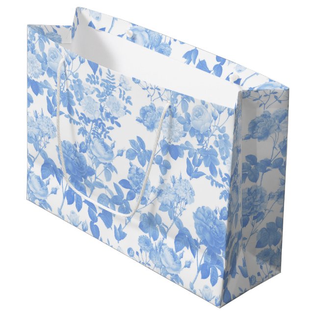 Blue White Floral Roses French Chinoiserie Pattern Large Gift Bag (Front Angled)
