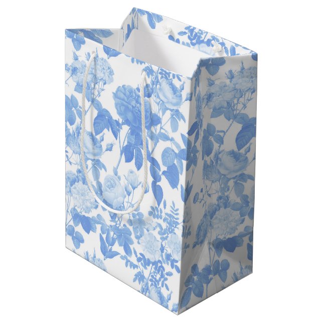Blue White Floral Roses French Chinoiserie Pattern Medium Gift Bag (Back Angled)