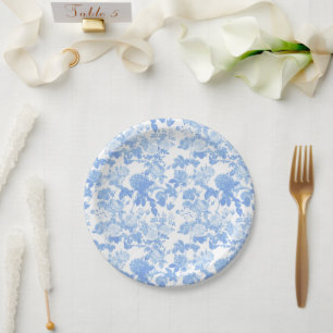 Blue White Floral Roses French Chinoiserie Pattern Paper Plate
