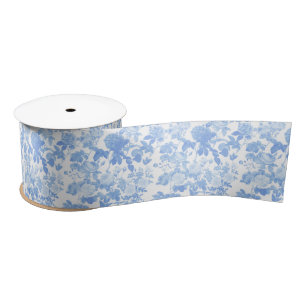 Blue White Floral Roses French Chinoiserie Pattern Satin Ribbon