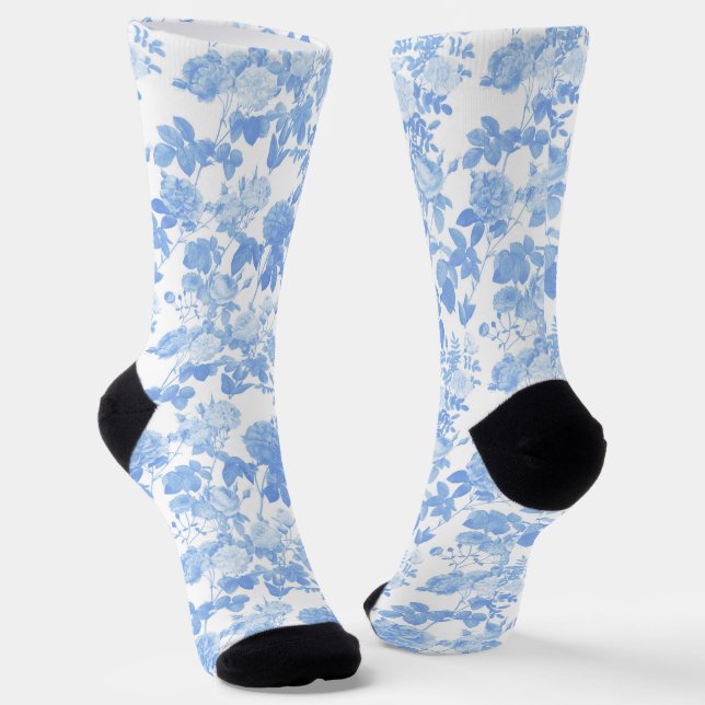 Blue White Floral Roses French Chinoiserie Pattern Socks (Angled)