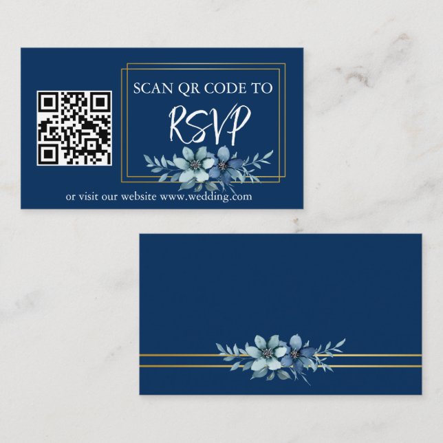 Blue White Floral RSVP QR Code Wedding Website Enclosure Card (Front/Back)