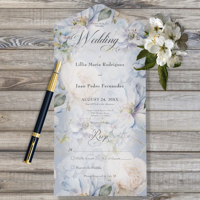 Blue & White Floral Rustic Romantic No Dinner All In One Invitation (Creator Uploaded)