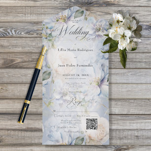Blue & White Floral Rustic Romantic QR Code All In One Invitation